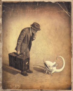 Sur un fond sépia, un homme en costume des années 1940 tient une valise et se penche sur un animal imaginaire blanc, une genre de chien sans poils avec une immense queue, presque pas de ventre et un très gros museau. C'est la couverture de l'album de Shaun Tan.